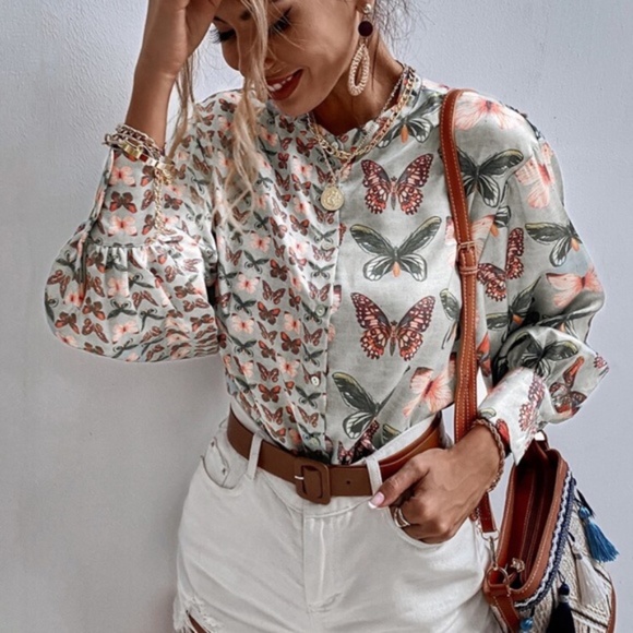 boho Sage butterfly Print button up blouse Boyfriend - Picture 4 of 5